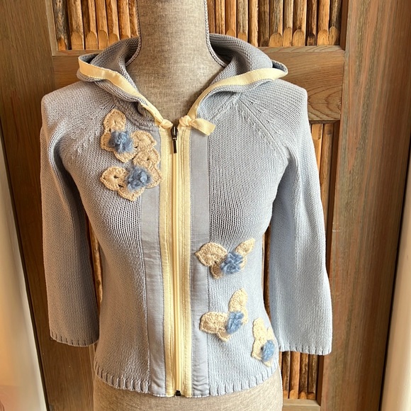 Anthropologie Sweaters - Anthropologie Field Flower Blue Sweater, Size S, Front Zipper, W/Hood, Grosgrain